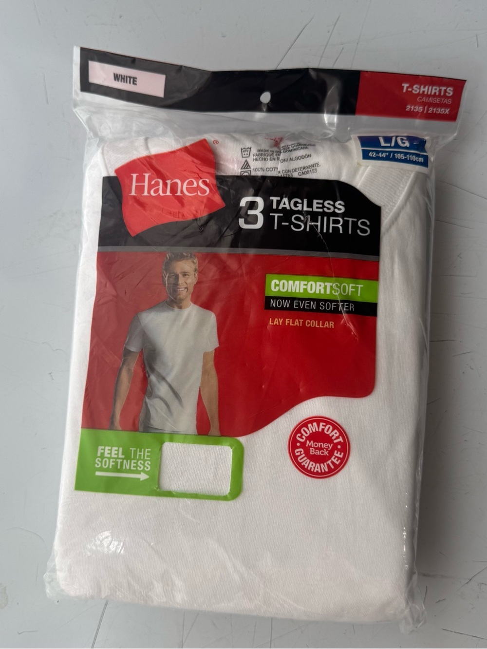 Hanes Mens White Tagless T-Shirts Crewneck 3Pk Large Style 2135